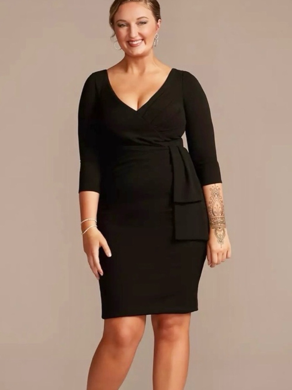 ❤️ Oleg Cassini Black Stretch Jersey Cascade Faux Wrap Style Dress
